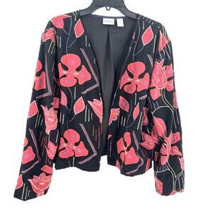 Chico's Jacket Women's 3 (XL/16) Black Red Floral Embroidery Art-To-Wear Blazer